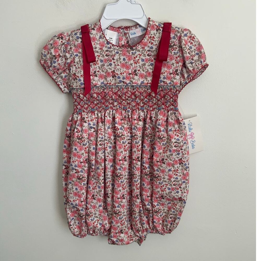 LULU BEBE BABY‎ GIRLS PINK FLORAL SMOCKED BUBBLE - RED BOWS AT SHOULDERS